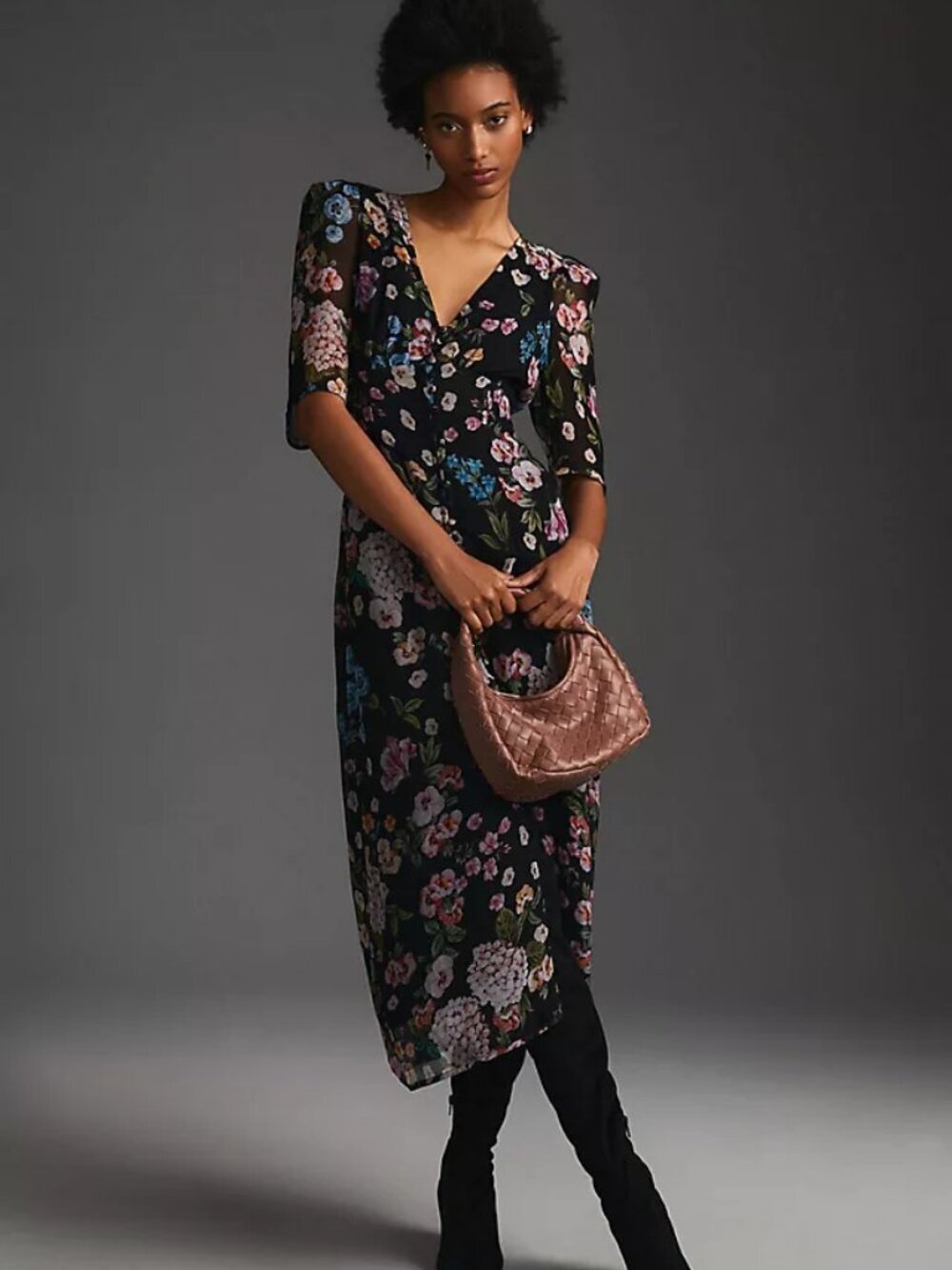 Anthro Maeve Puff Sleeve Floral Midi Dress